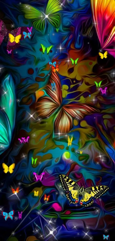 Vibrant butterflies on an abstract dark background.