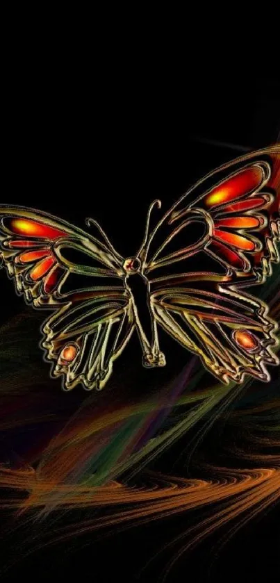 Intricate butterfly design on dark black background wallpaper.