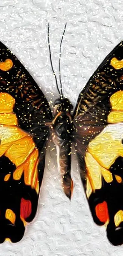 Vibrant butterfly art on textured white background with yellow and orange hues.