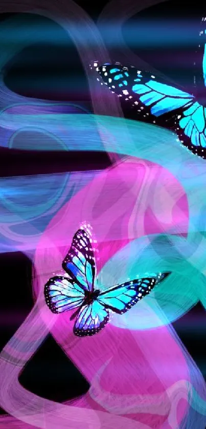 Vibrant blue butterflies with colorful swirls on black background.