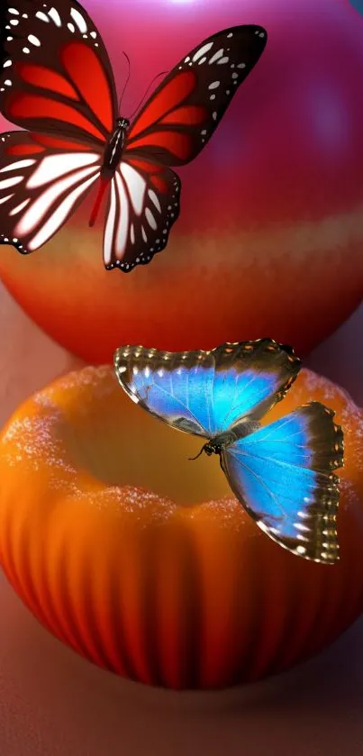 Colorful butterflies on vibrant fruit wallpaper.