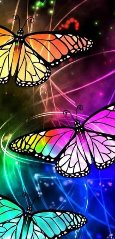 Colorful butterflies with glowing swirls and vibrant hues on a dark background.