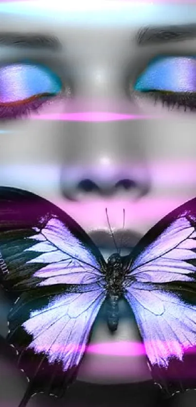 Artistic butterfly covering lips with vibrant purple and blue colors.