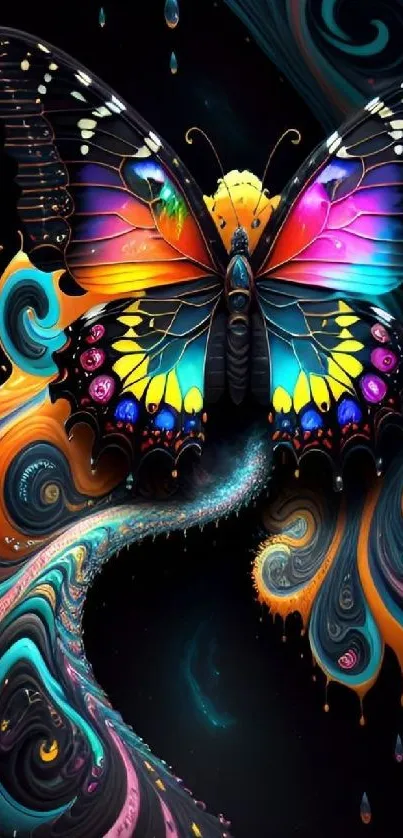 Colorful abstract butterfly with swirling background.