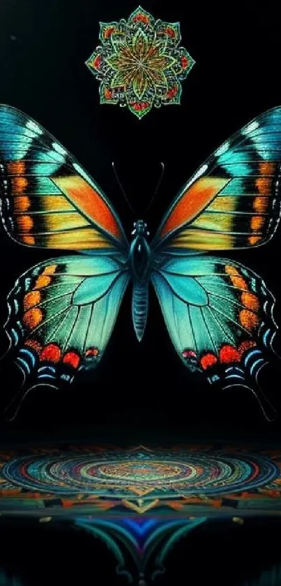 Vibrant butterfly with mandala pattern on dark background wallpaper.