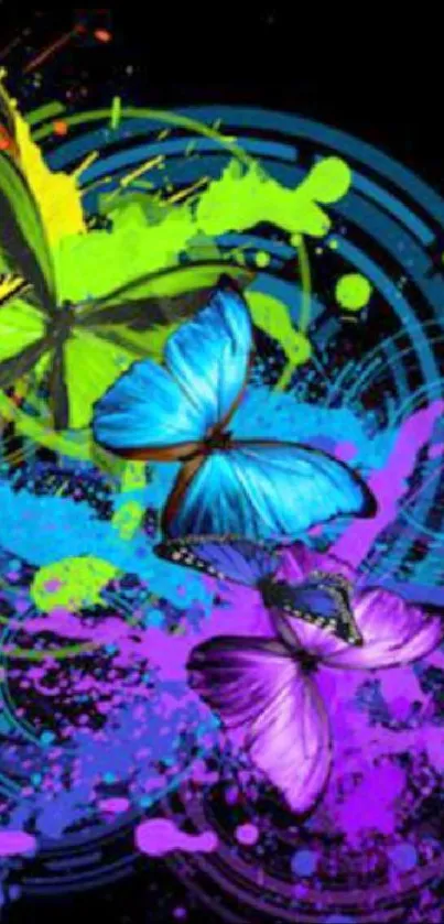 Colorful butterflies and paint splashes on a black background mobile wallpaper.