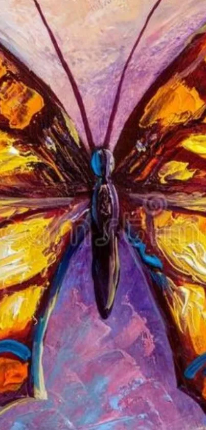 Vibrant artistic butterfly painting with orange and purple hues.