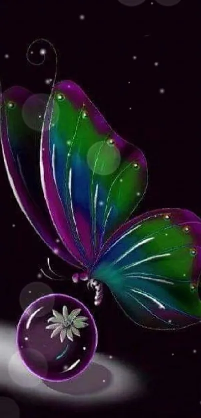 Bright butterfly with vibrant wings hovering over a flower orb on a dark background.