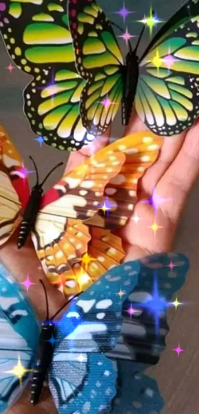 Vibrant hand-held butterflies in blue, yellow, and orange hues.