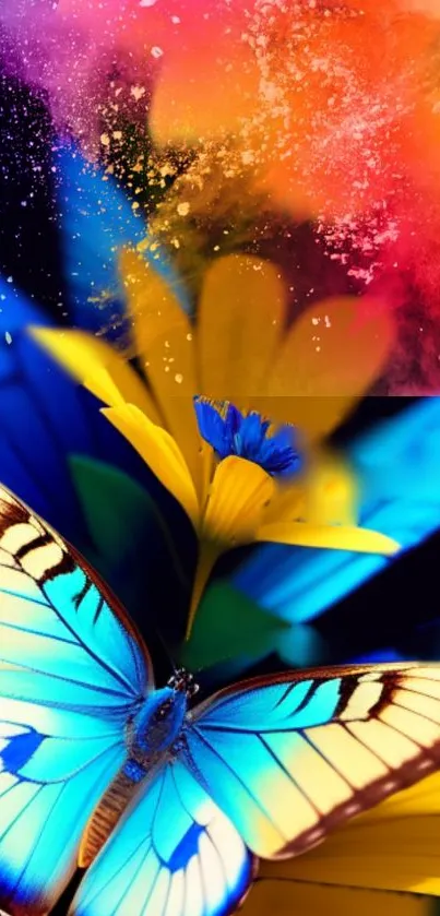 Vibrant blue butterfly and yellow flower art wallpaper.