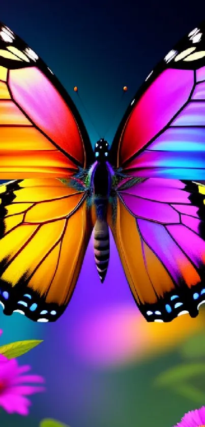 Vibrant butterfly with colorful wings among flowers.