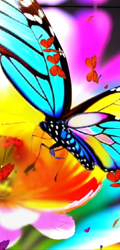 Colorful butterfly on vibrant flower wallpaper.
