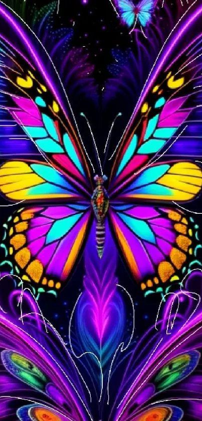 Vibrant neon butterfly art wallpaper with intricate designs.