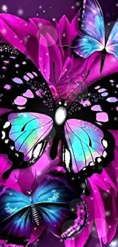 Colorful butterflies on purple flowers wallpaper.