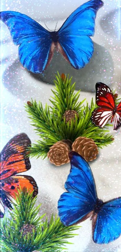 Vibrant wallpaper with colorful butterflies and pine branches.