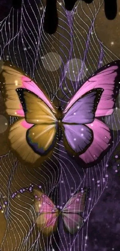 Colorful butterfly art wallpaper on a dark background.