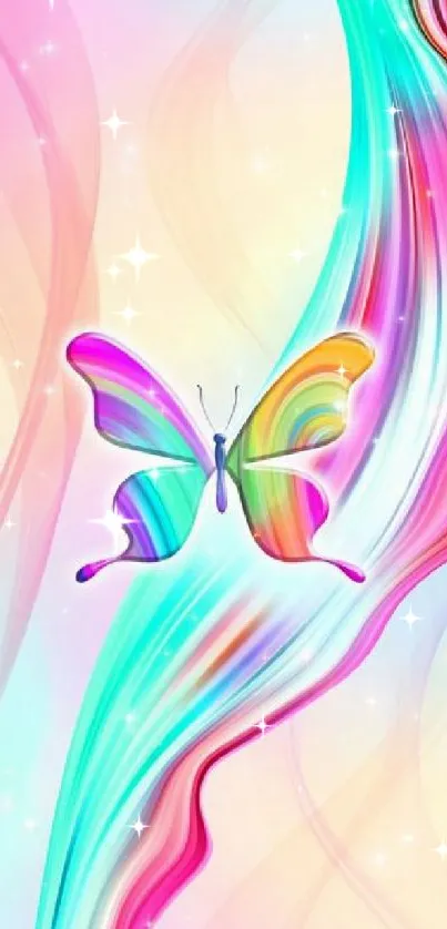 Rainbow butterfly with colorful swirls.