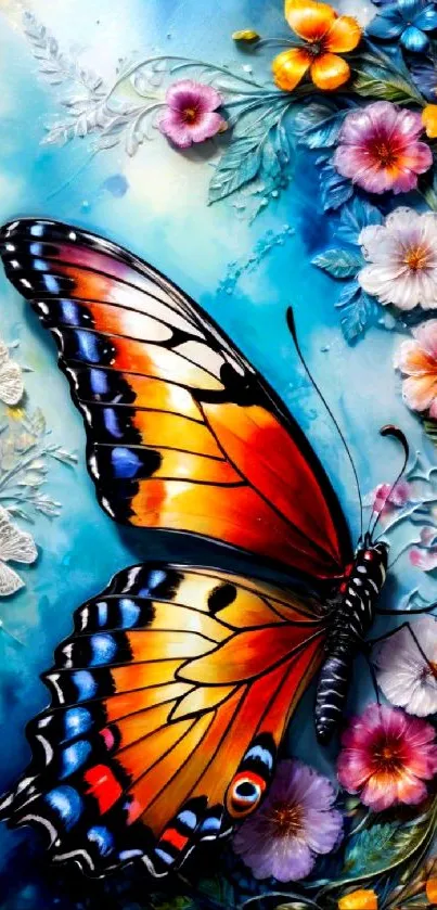 Vibrant butterfly on colorful flowers with blue background.