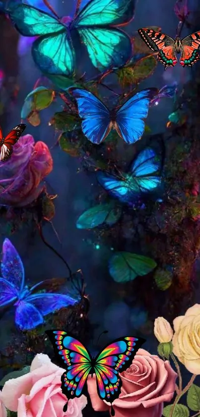 Colorful butterflies and roses in a vibrant natural scene wallpaper.