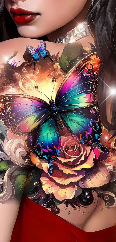 Illustrated butterfly tattoo with vivid colors on a woman's shoulder.