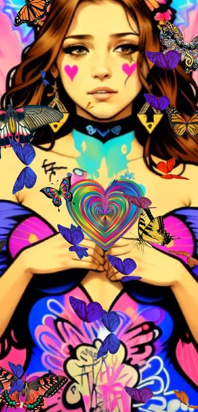 Artistic woman with colorful butterflies and heart motifs.