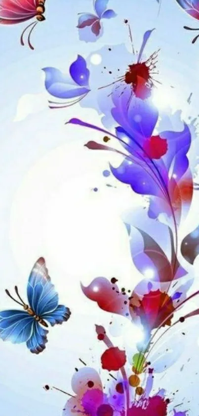 Vibrant floral and butterfly art wallpaper in bright colors.