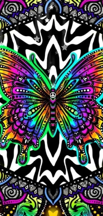 Colorful psychedelic butterfly wallpaper with intricate patterns.