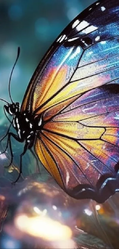 Vibrant butterfly with blue, orange, and purple hues in artistic style.