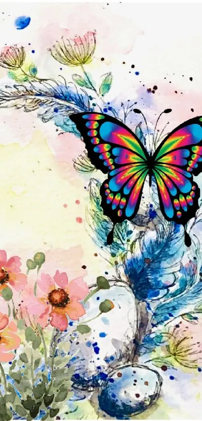 Colorful butterfly and flower art wallpaper.