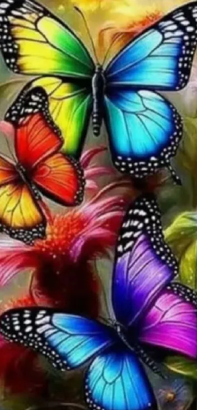 Vibrant colorful butterflies with floral background.