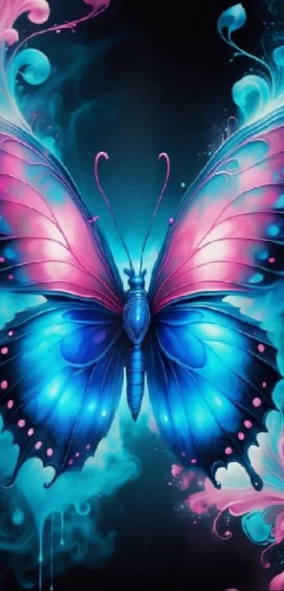 Vibrant butterfly wallpaper with blue and pink tones for mobile devices.