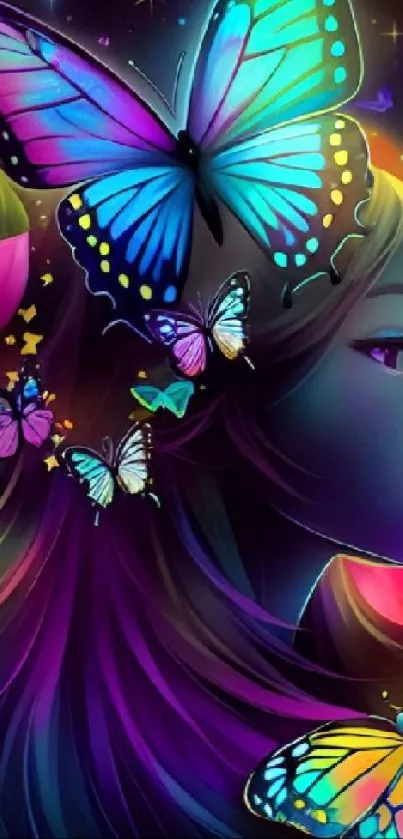 Colorful butterfly art wallpaper with vibrant neon hues and floral accents.