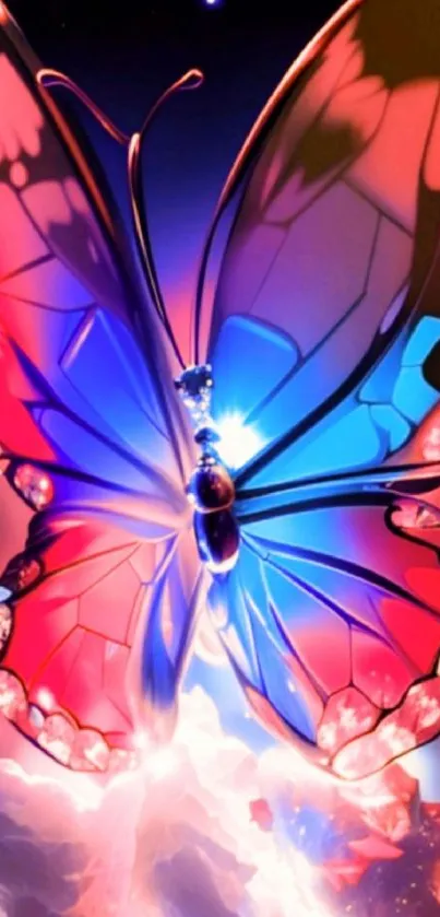Vibrant crystal butterfly on cosmic backdrop.