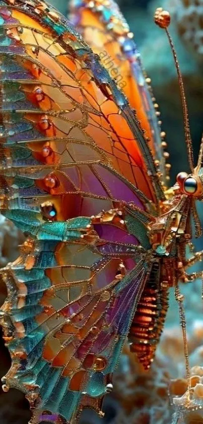 Artistic butterfly with vibrant, colorful wings displayed on a textured background.