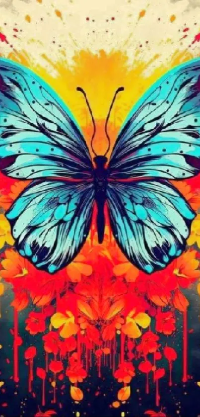 Vibrant butterfly with colorful background, featuring bold cyan and orange hues.