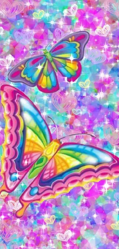 Colorful butterfly wallpaper with vibrant patterns and purple background.