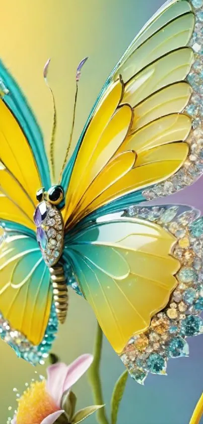 Vibrant butterfly art with shimmering details on a phone wallpaper.