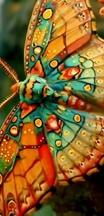 Colorful butterfly with vibrant orange and teal patterns.