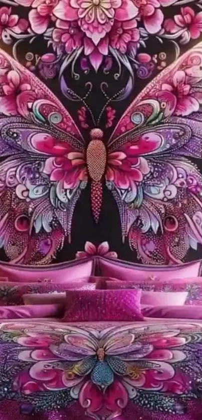 Vibrant butterfly art with floral patterns in pink and purple hues.