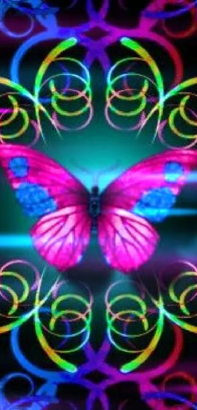 Colorful neon butterfly with abstract patterns on black background.