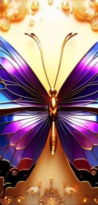 Vibrant butterfly with purple and blue wings on a gold background