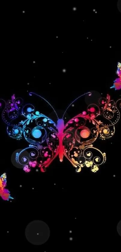 Vibrant butterfly with floral design on black background.