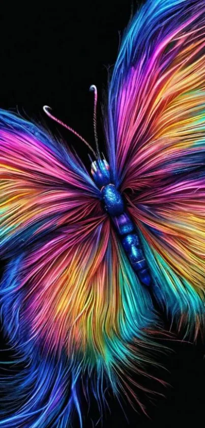 Vibrant butterfly with multicolored wings on black background.