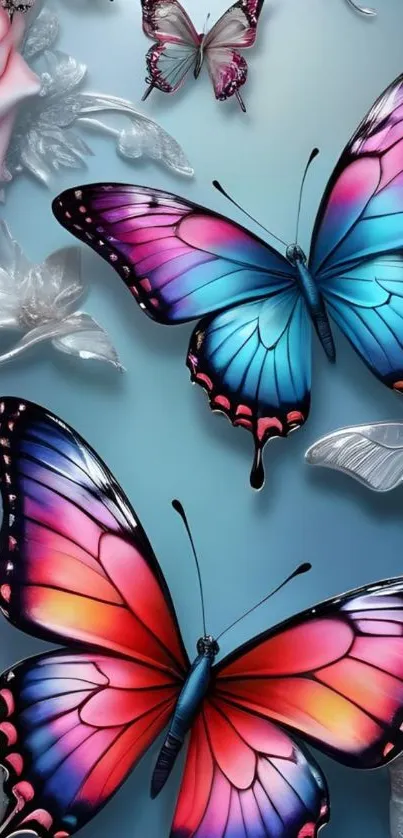 Vibrant butterfly art on blue background with floral accents.