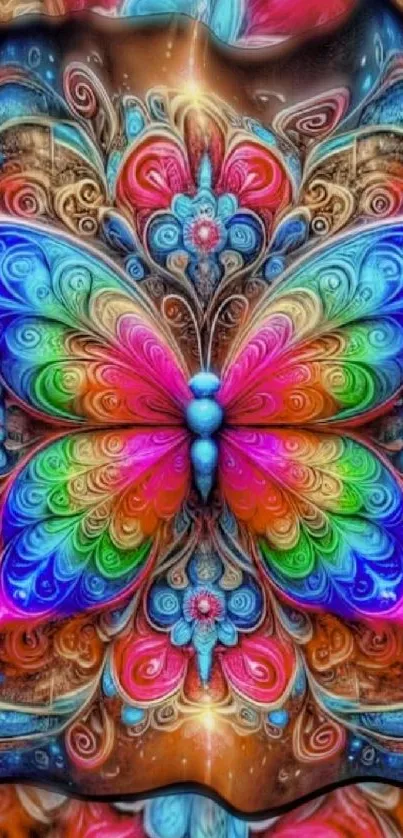 Intricate rainbow butterfly pattern wallpaper with vibrant swirling designs.