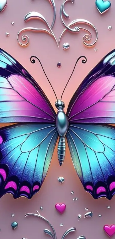Vibrant butterfly with colorful wings on wallpaper.