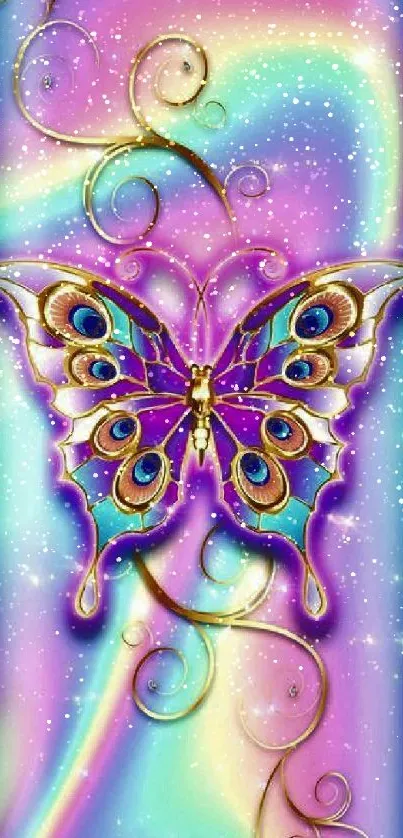 Vibrant butterfly with colorful spectrum and golden swirls.