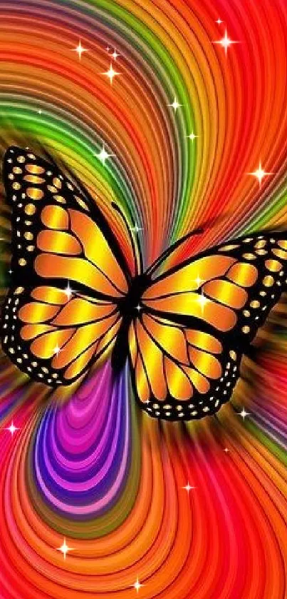 Colorful butterfly with rainbow swirl background wallpaper.