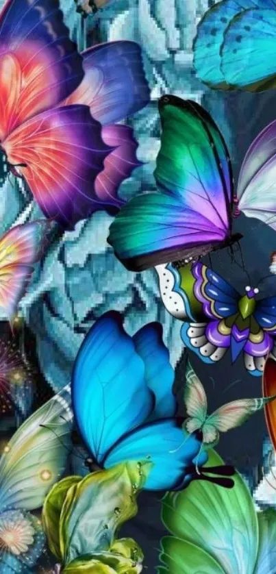 Colorful butterfly art wallpaper with vibrant blue hues and intricate patterns.