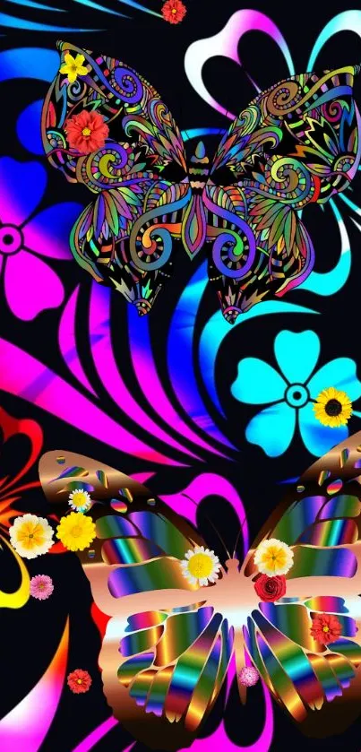 Colorful butterfly and flower pattern wallpaper with vibrant designs.